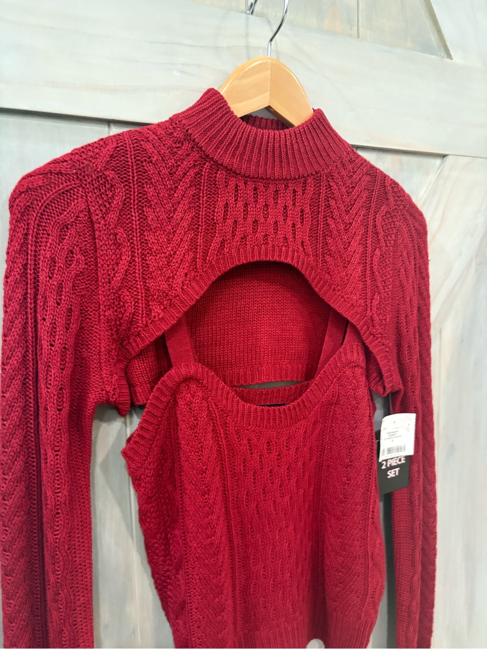 Crimson Red Cable-Knit Layered Mock-Neck Sweater Set